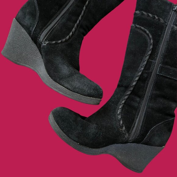 Y2K black Suede Buckle Boots US Size 6 Wedge Heels Mid Calf - Picture 5 of 8